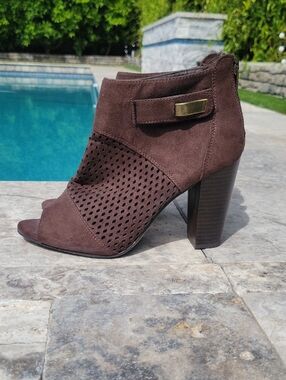 Cato Open Toe Brown Zipper Back Mesh Top Suede Look Ankle boots With Heel 7.5